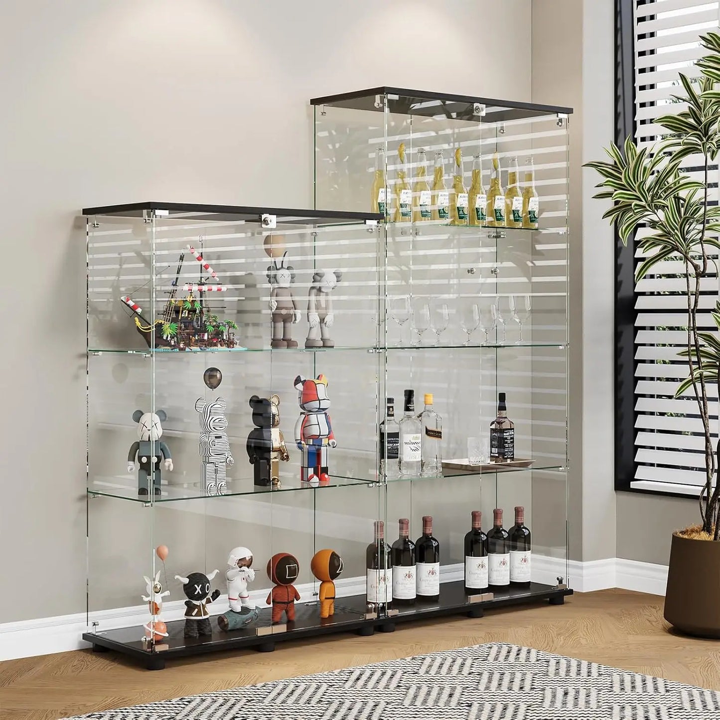Glass Display Cabinet with 4-Shelf Double Doors and Lock