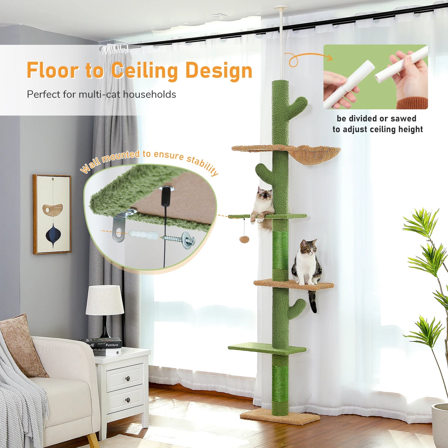 Adjustable Ceiling Cat Tower with Scratching Condo