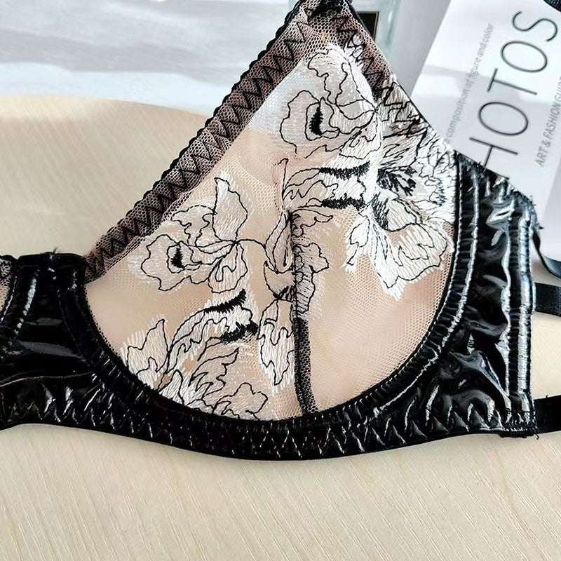 lingerie women's uniform seductive embroidered lace leather black bra garter three-piece set