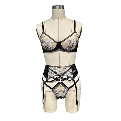 Lingerie Women's Uniform Seductive Embroidered Lace Leather Black Bra Garter Three-piece Set
