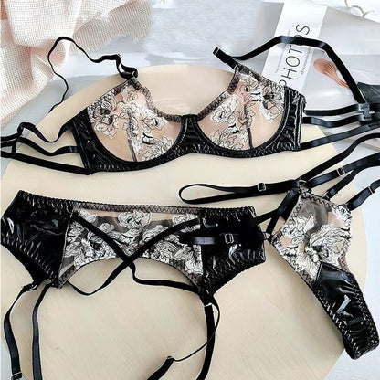Lingerie Women's Uniform Seductive Embroidered Lace Leather Black Bra Garter Three-piece Set