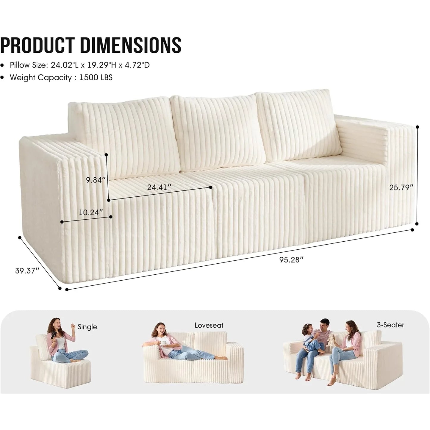 Deep-Seat 3-Seater Sectional Sofa w/ Cloud Foam & Pillows