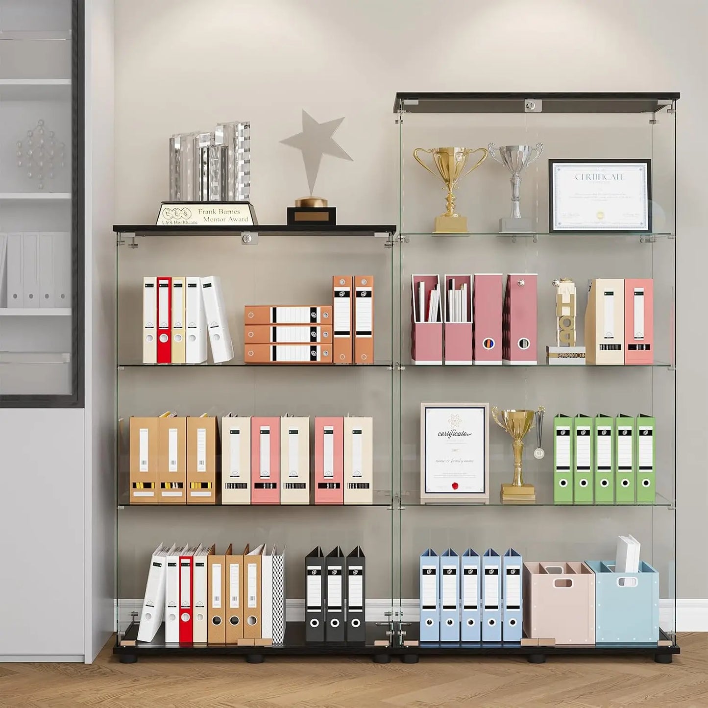 Glass Display Cabinet with 4-Shelf Double Doors and Lock