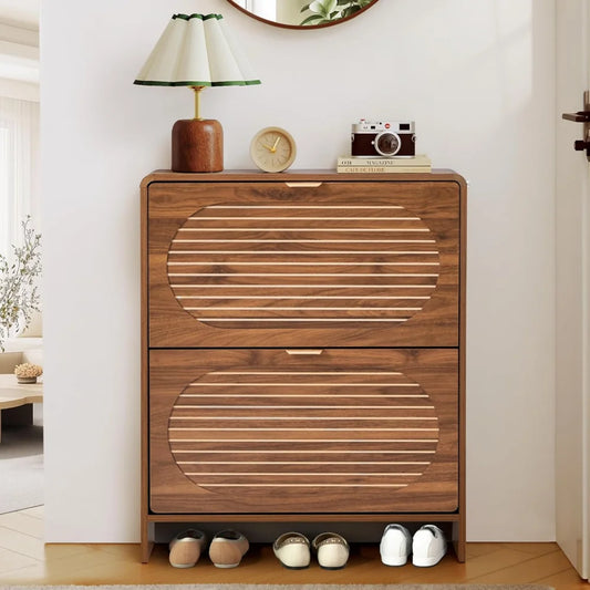 Freestanding Wood Shoe Cabinet with Arched Stripe Panel