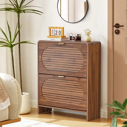 Freestanding Wood Shoe Cabinet with Arched Stripe Panel