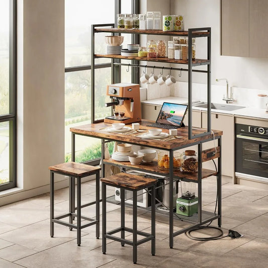Kitchen Island Table Set with Storage and Power Outlet