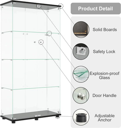 Glass Display Cabinet with 4-Shelf Double Doors and Lock