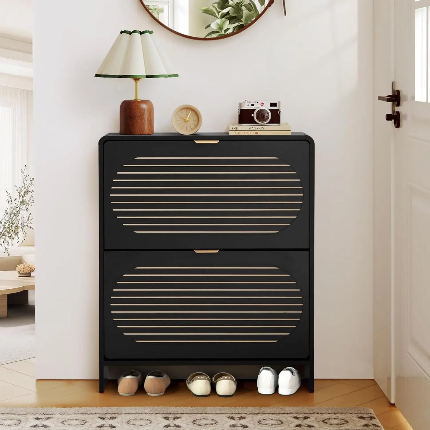 Freestanding Wood Shoe Cabinet with Arched Stripe Panel