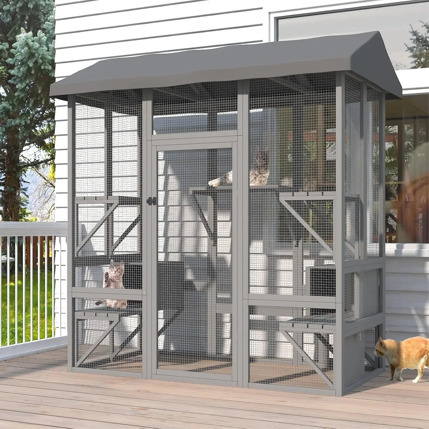 Outdoor Walk in Cat Cage with Waterproof Cover & Sunshine Panel Roof