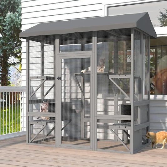 Outdoor Walk in Cat Cage with Waterproof Cover & Sunshine Panel Roof