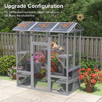 Outdoor Walk in Cat Cage with Waterproof Cover & Sunshine Panel Roof
