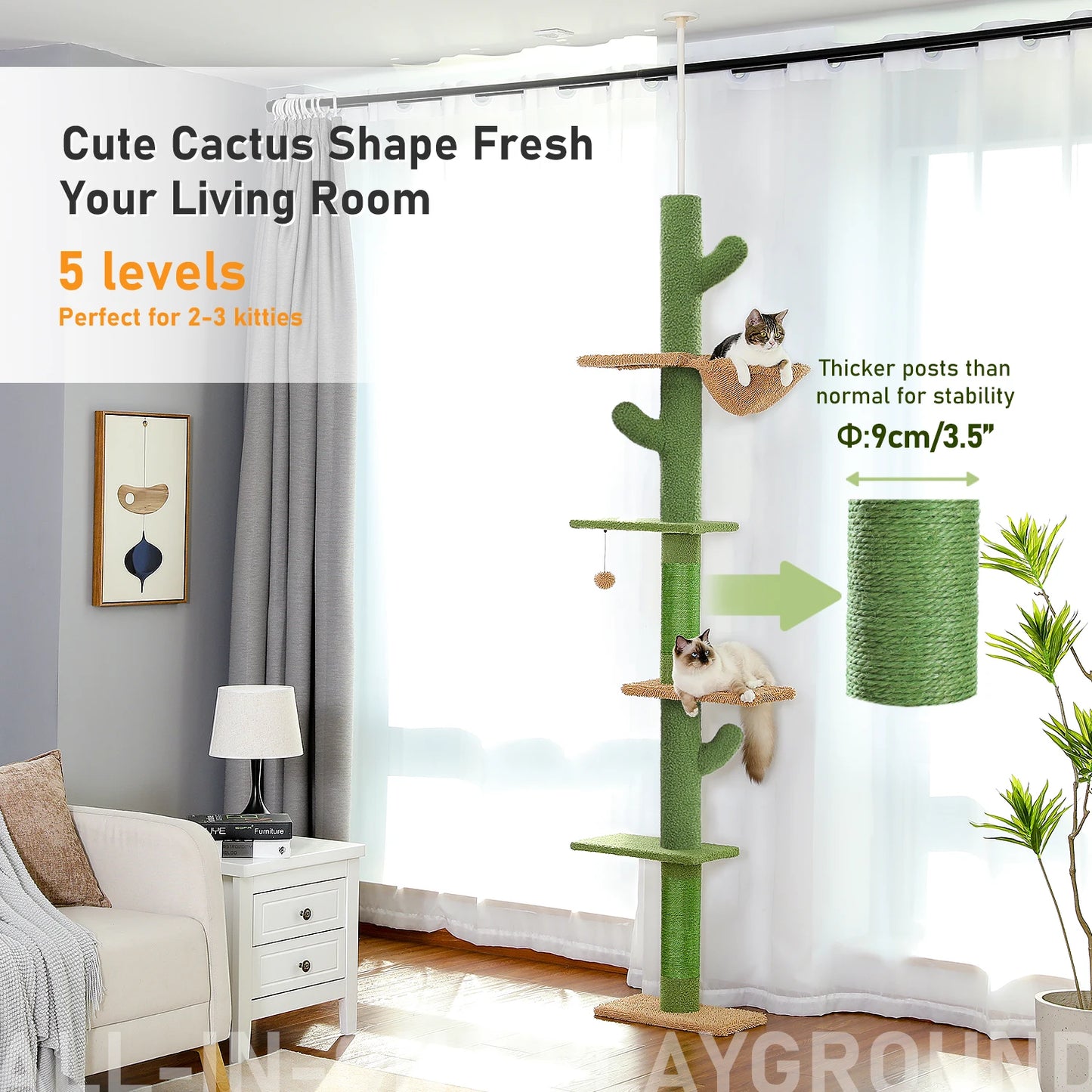 Adjustable Ceiling Cat Tower with Scratching Condo