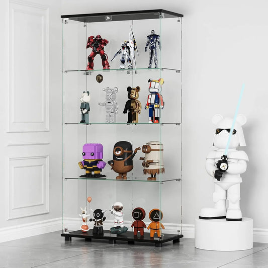 Glass Display Cabinet with 4-Shelf Double Doors and Lock