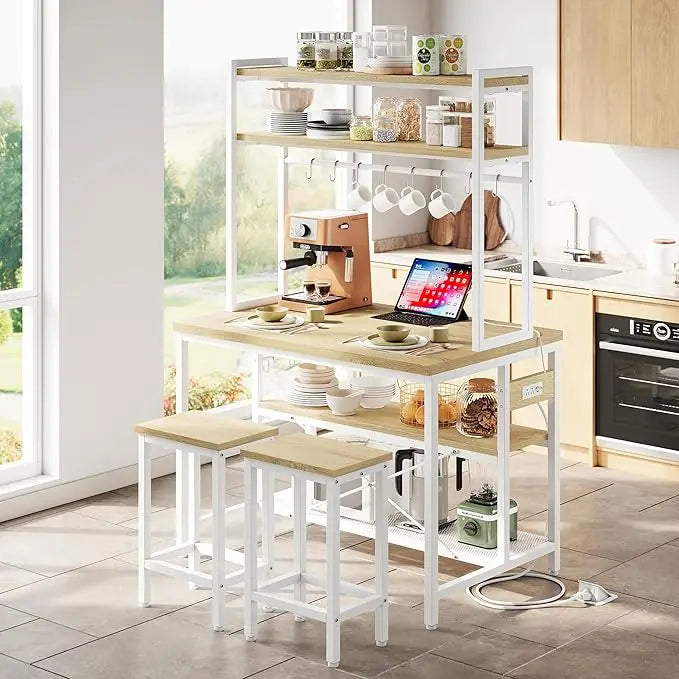 Kitchen Island Table Set with Storage and Power Outlet