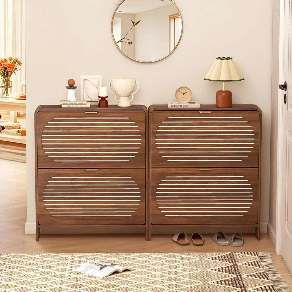 Freestanding Wood Shoe Cabinet with Arched Stripe Panel