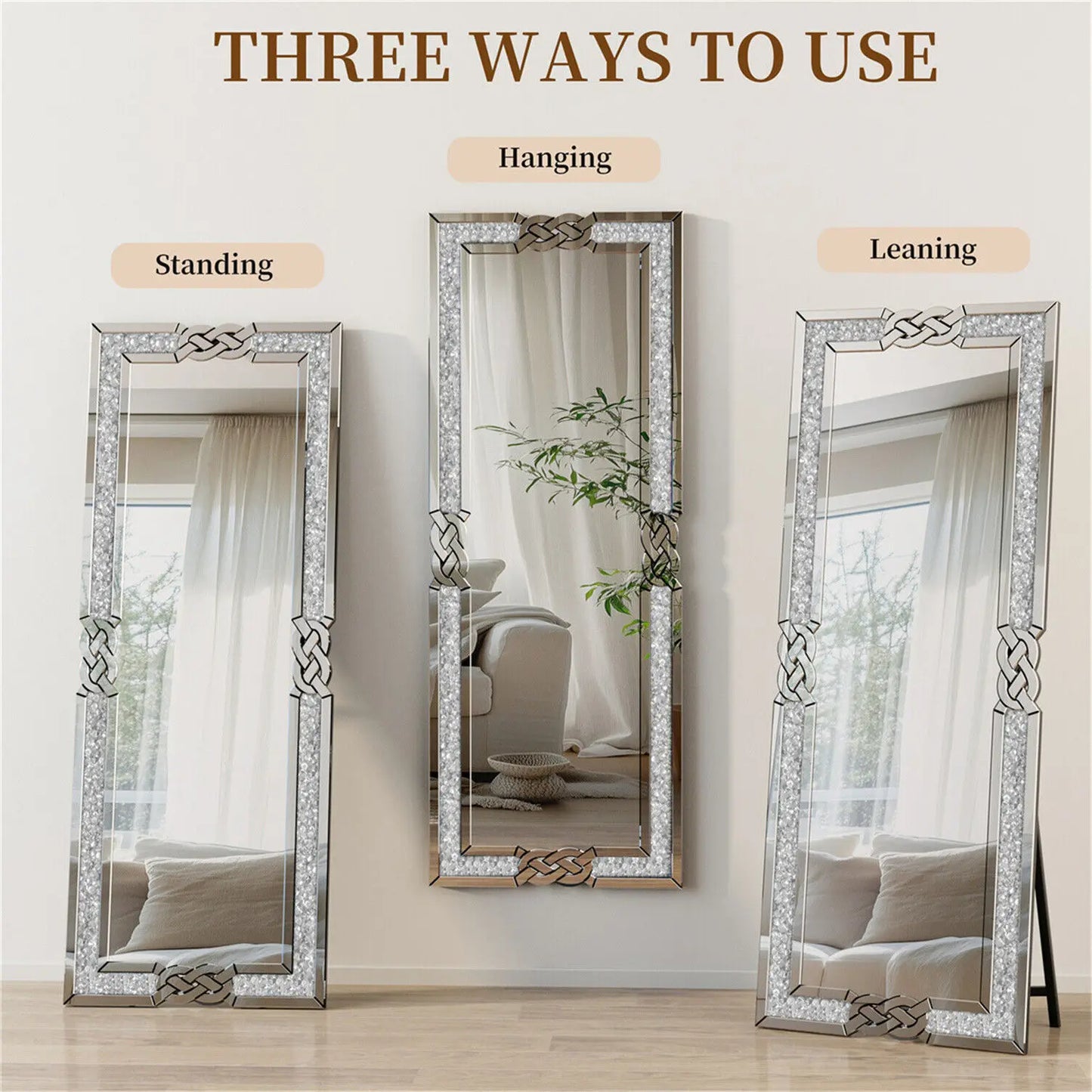 XL Wall Mirror Full Length Floor Mirror with Silver Crushed Diamond Decor