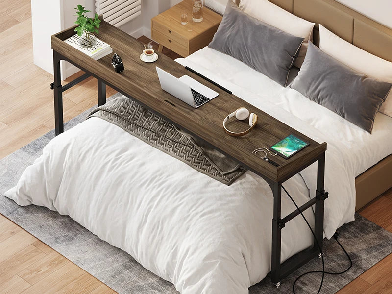 Height Adjustable Overbed Table with Wheels, Queen Size Over Bed Desk with Adjustable, Mobile Laptop Cart Computer Desk