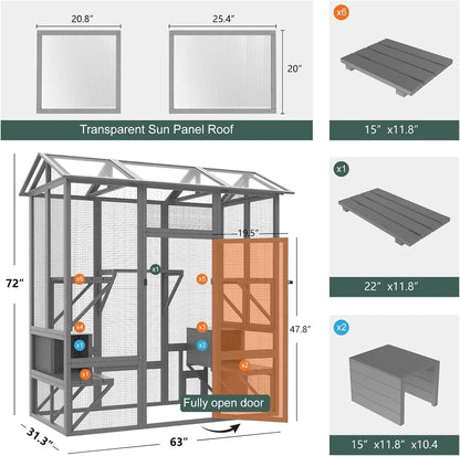 Outdoor Walk in Cat Cage with Waterproof Cover & Sunshine Panel Roof