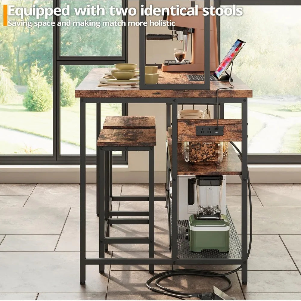 Kitchen Island Table Set with Storage and Power Outlet