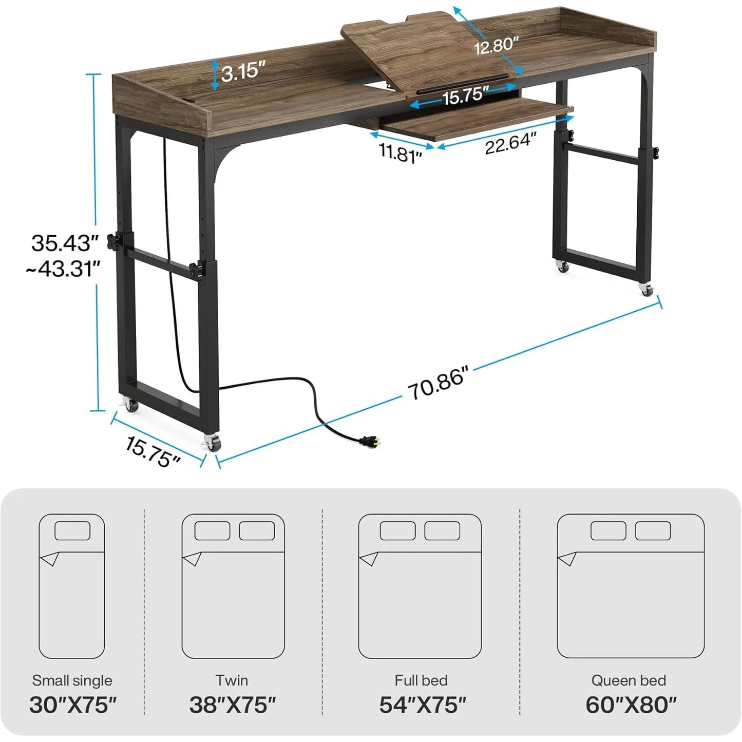 Height Adjustable Overbed Table with Wheels, Queen Size Over Bed Desk with Adjustable, Mobile Laptop Cart Computer Desk