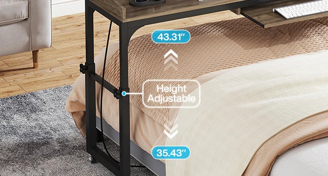 Height Adjustable Overbed Table with Wheels, Queen Size Over Bed Desk with Adjustable, Mobile Laptop Cart Computer Desk