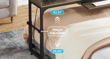 Height Adjustable Overbed Table with Wheels, Queen Size Over Bed Desk with Adjustable, Mobile Laptop Cart Computer Desk
