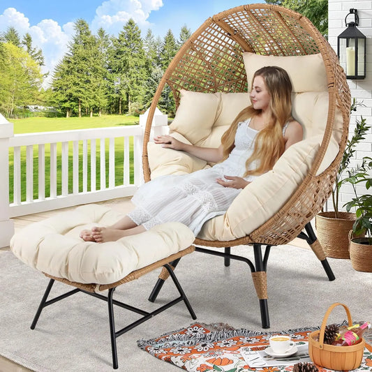 Wicker Rattan Egg Chair with Footrest