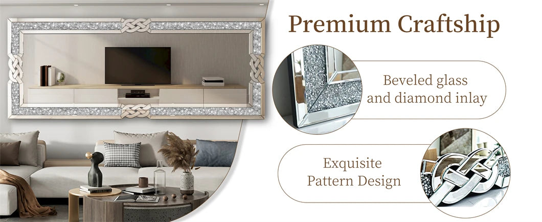 XL Wall Mirror Full Length Floor Mirror with Silver Crushed Diamond Decor