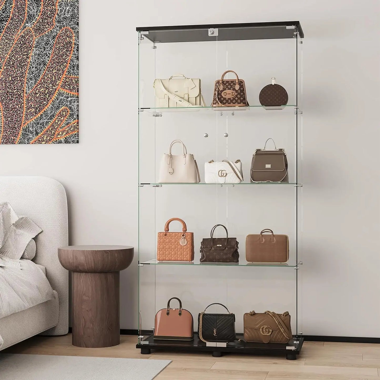 Glass Display Cabinet with 4-Shelf Double Doors and Lock
