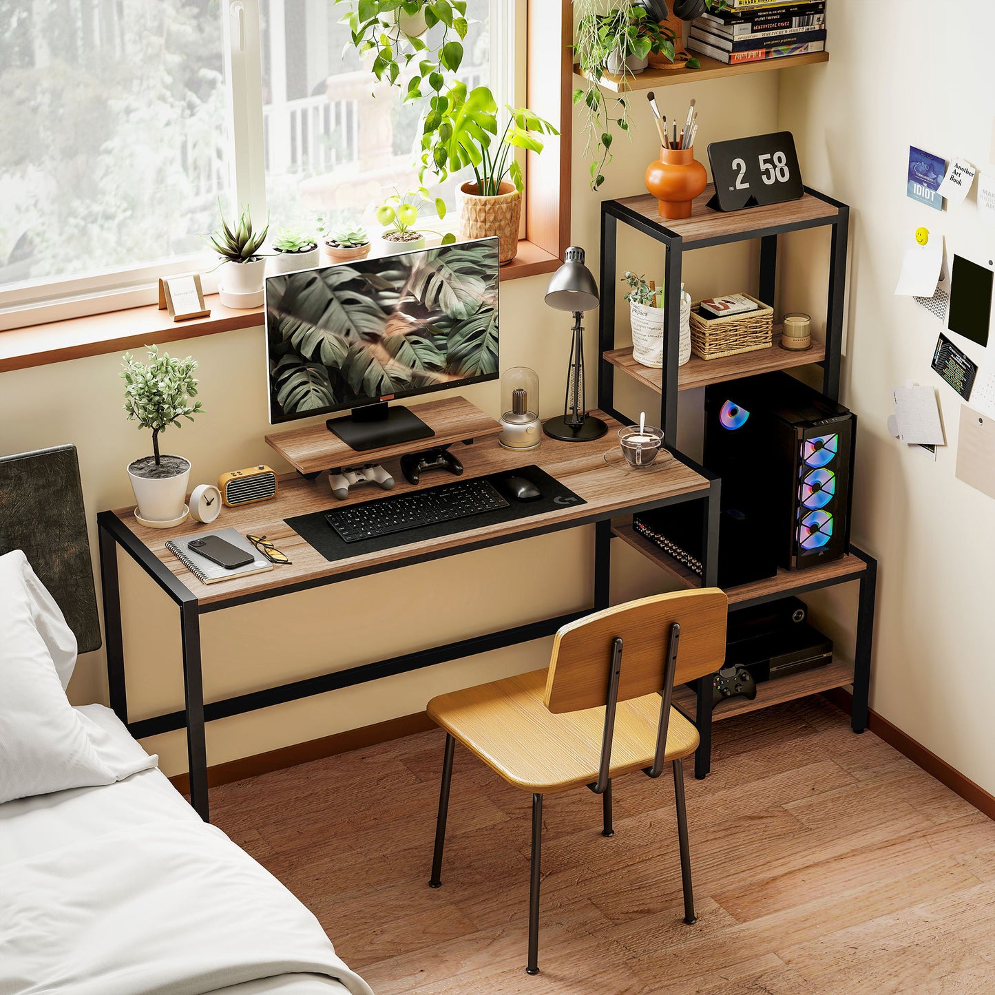 Computer Desk With Monitor Stand & Reversible 4-Tier Shelf